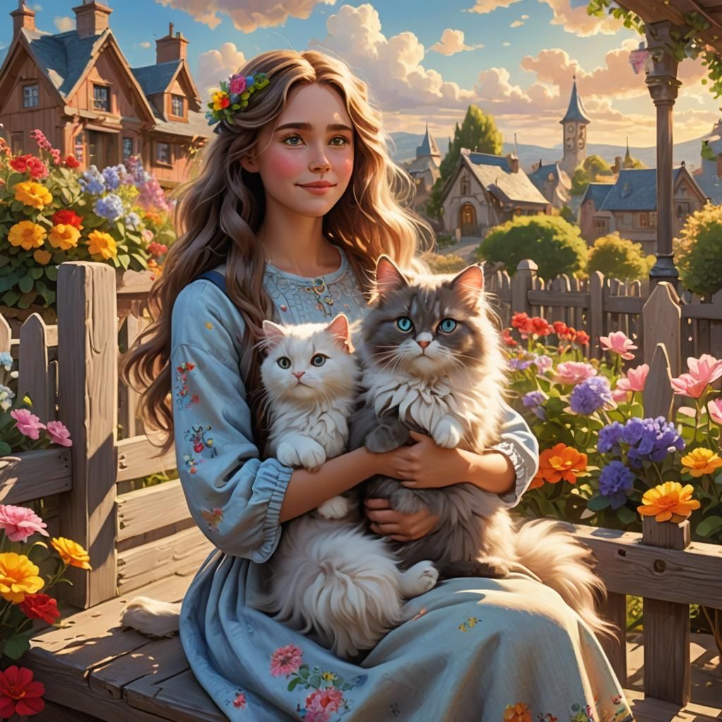 Woman with Cat on Terrace, 3D Digital Art