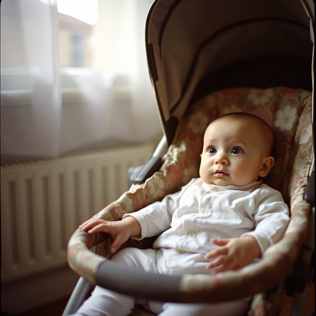 Child and Baby Embrace with Floral Stroller