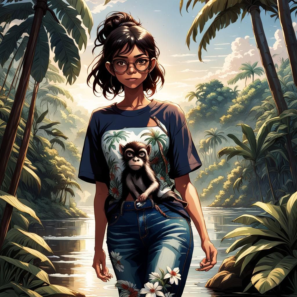 Anime Girl with Spider Monkey in Amazon Jungle