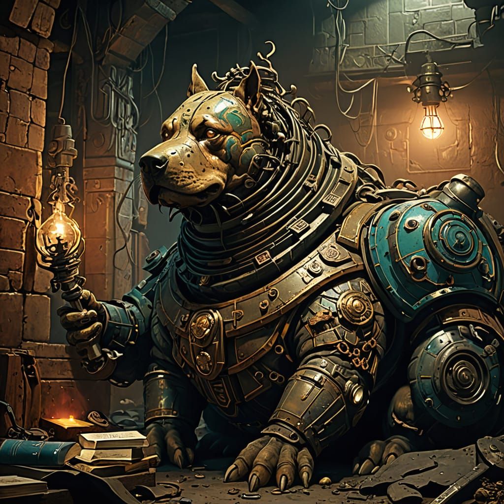 Gothic Fantasy Concept Art of a War Machine Dog in Ruin