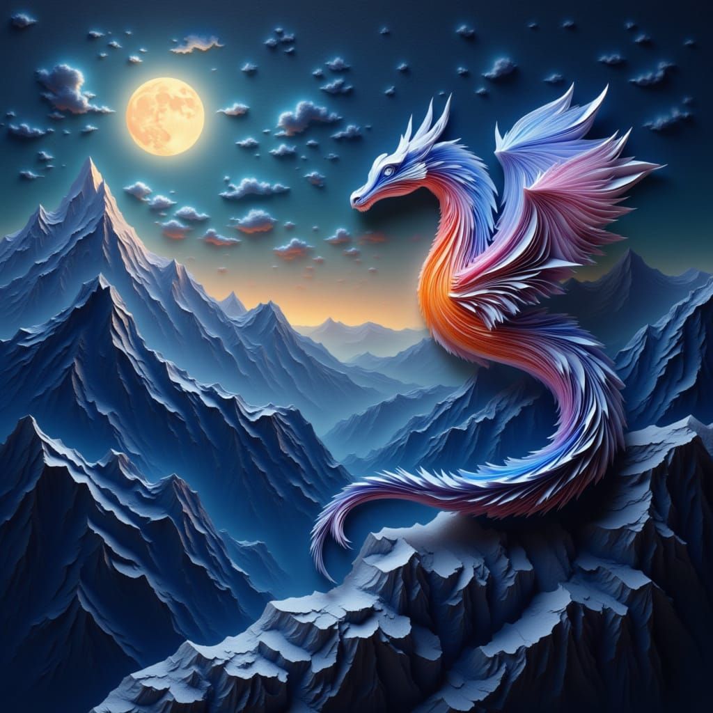 Origami Dragon Soars Under Bright Moonlit Sky