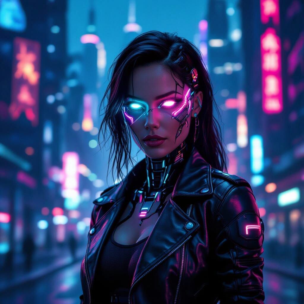 Cyborg Woman in Futuristic Cityscape, Cyberpunk Style