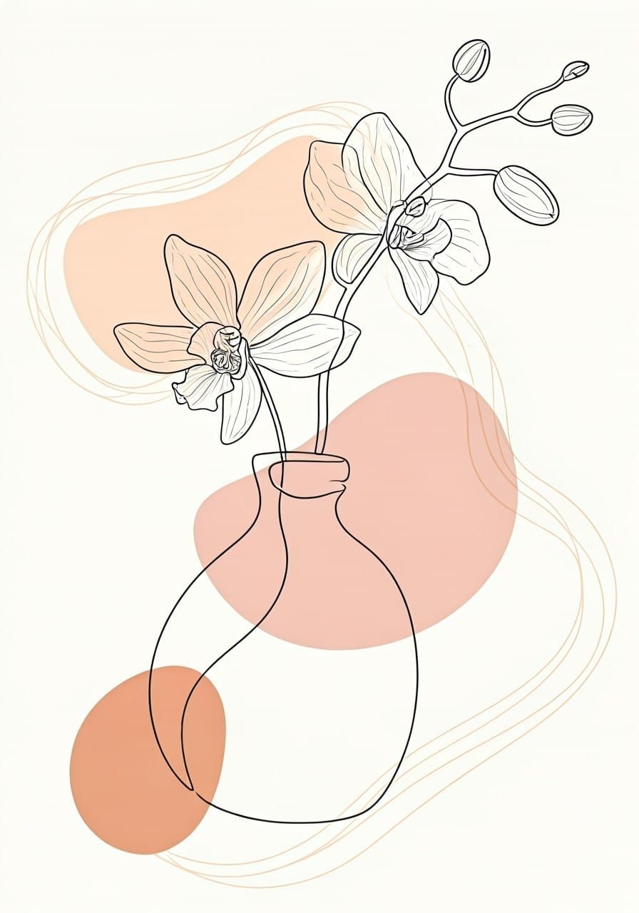 Elegant Japandi-Inspired Line Drawing of Orchid and Vase