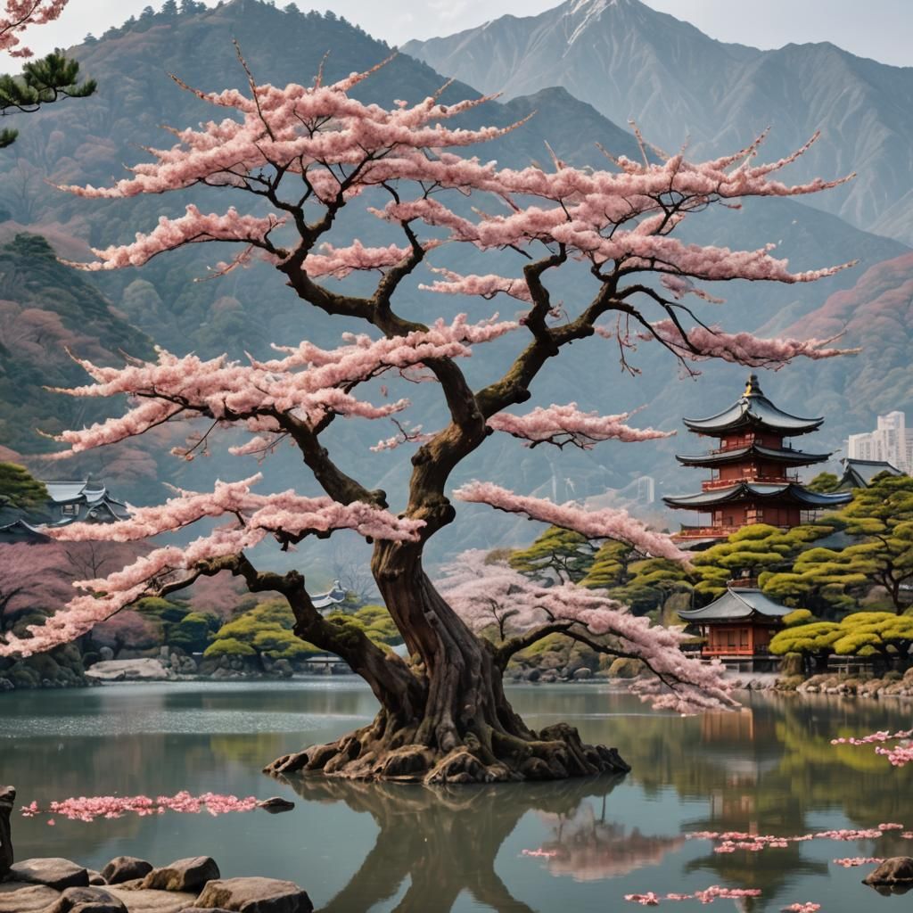 Sakura Tree with Japanese Temple Landscape