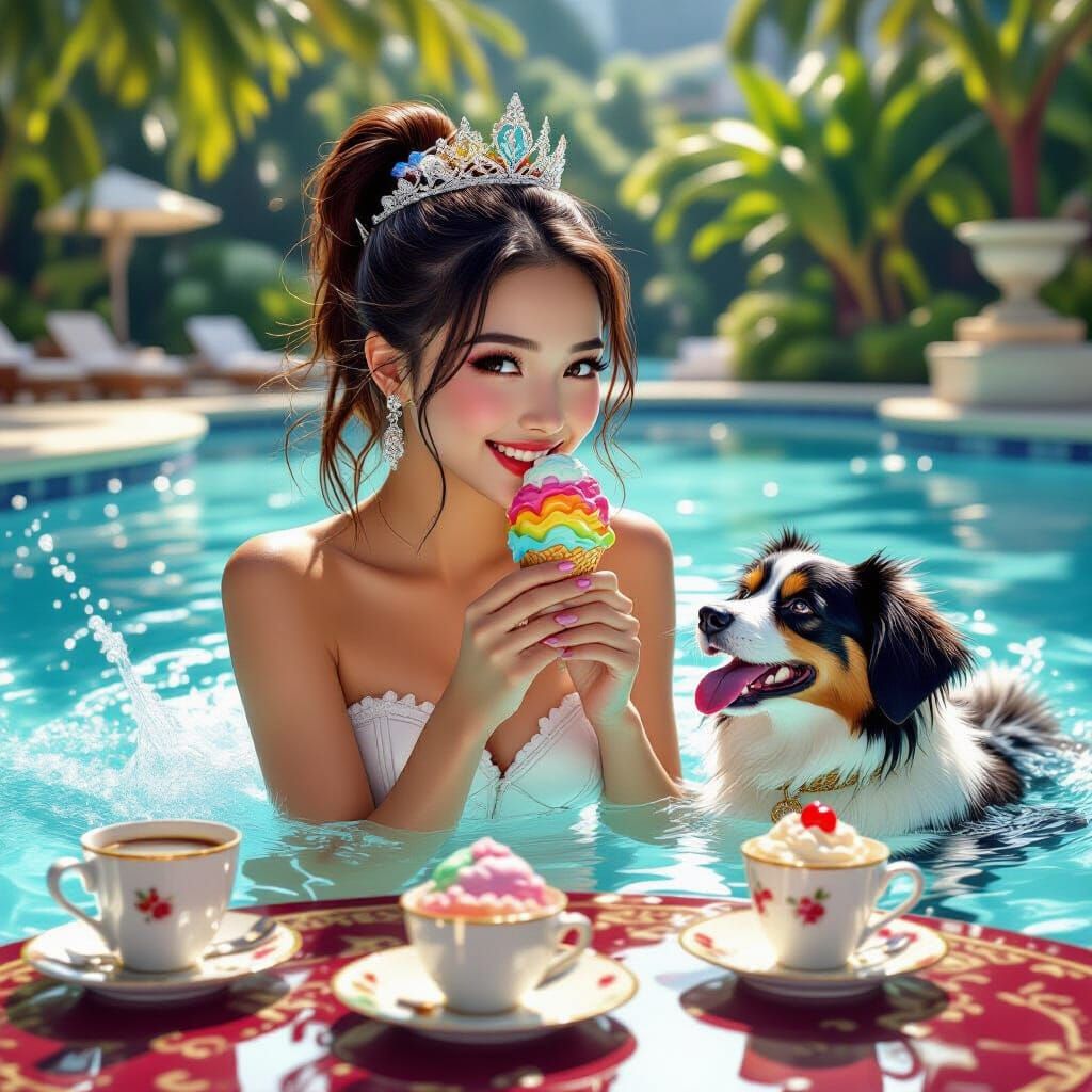 Joyful Girl Splashes in Pool With Dog and Ice Cream