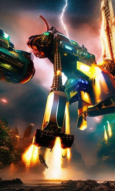 Futuristic Nacreous Mecha Ape Warrior: Digital Art