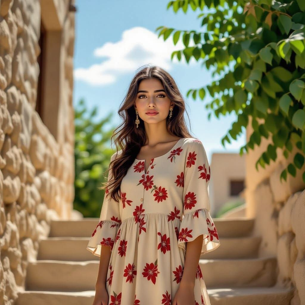 Realistic Photo of Iraqi Girl in Beige Dress