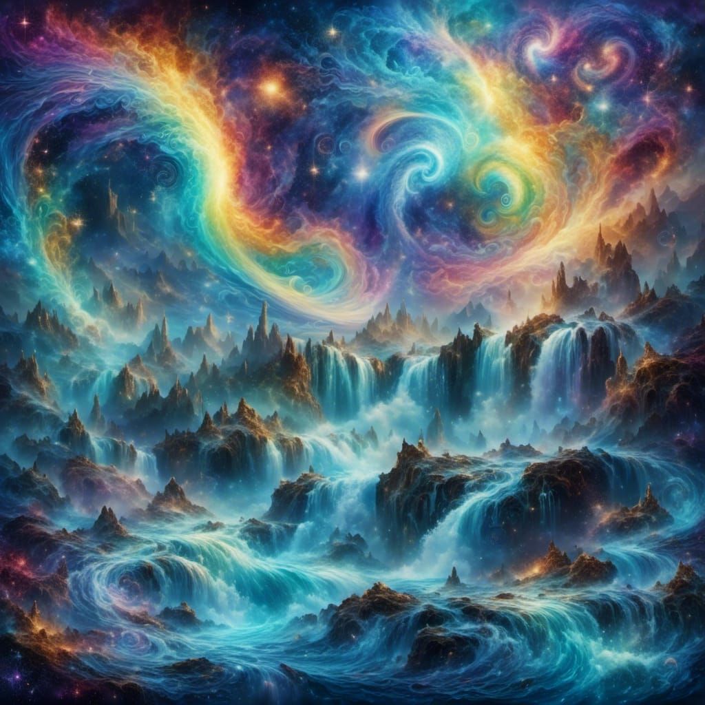 Rainbow Waterfalls in Hyperrealistic Valhalla