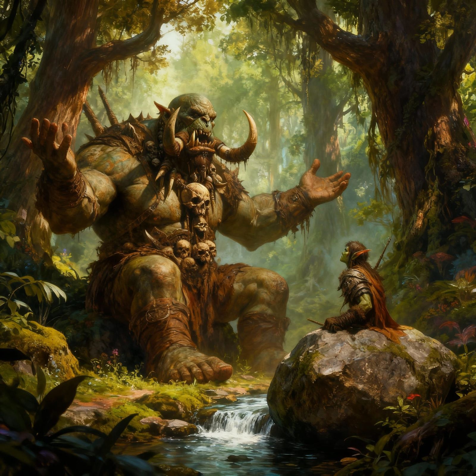 Friendly Forest Cyclops and Elf Chatting in Magical Woods