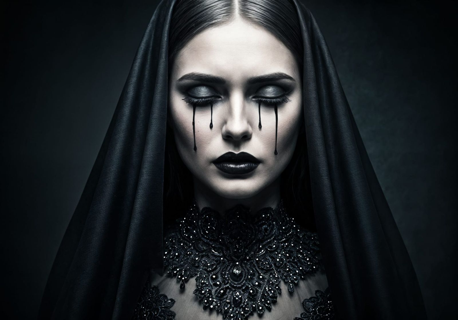 Sorrowful Woman Weeps Black Ink Tears in Cinematic Style