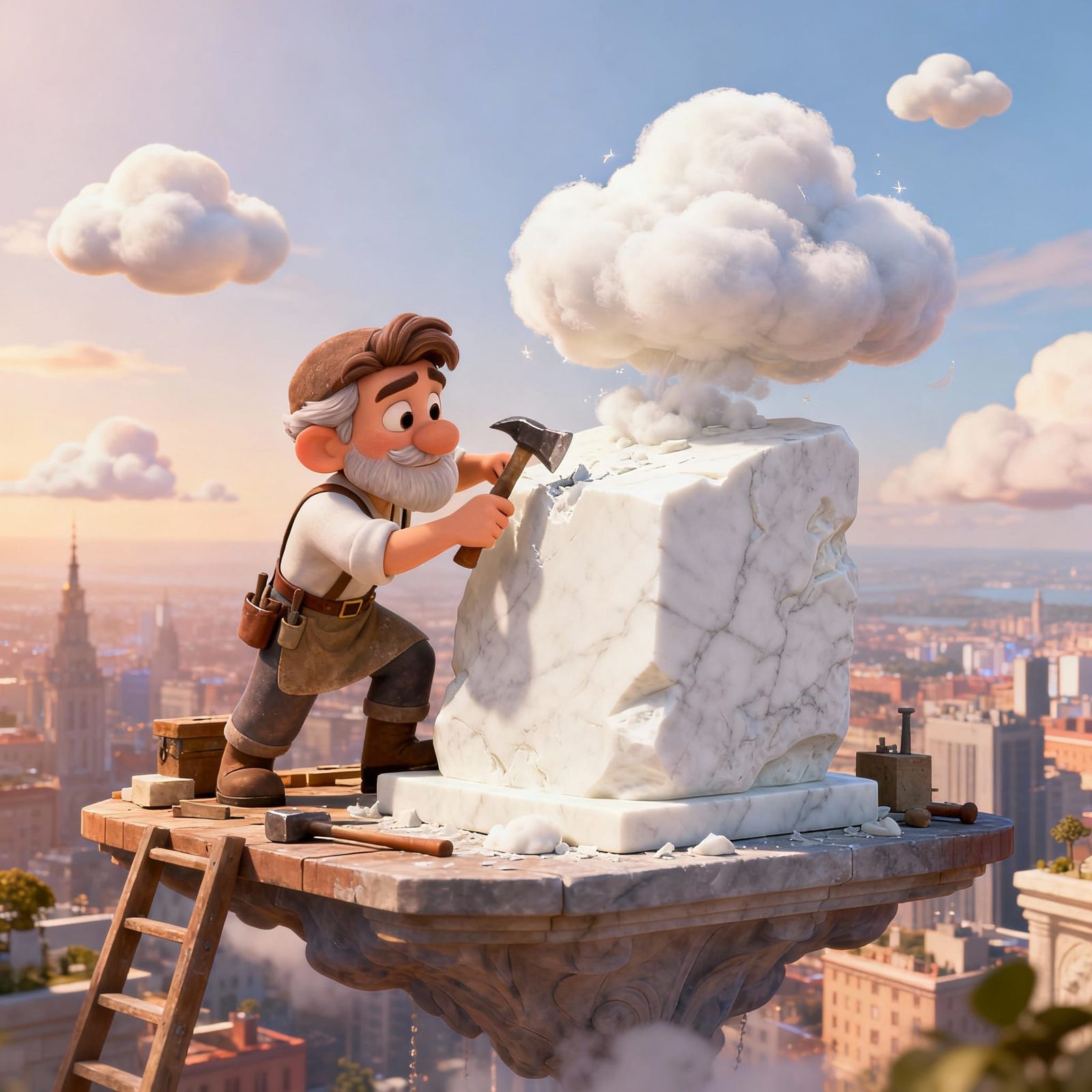 Cloud Sculptor Carving Marble Above City in Pixar Style