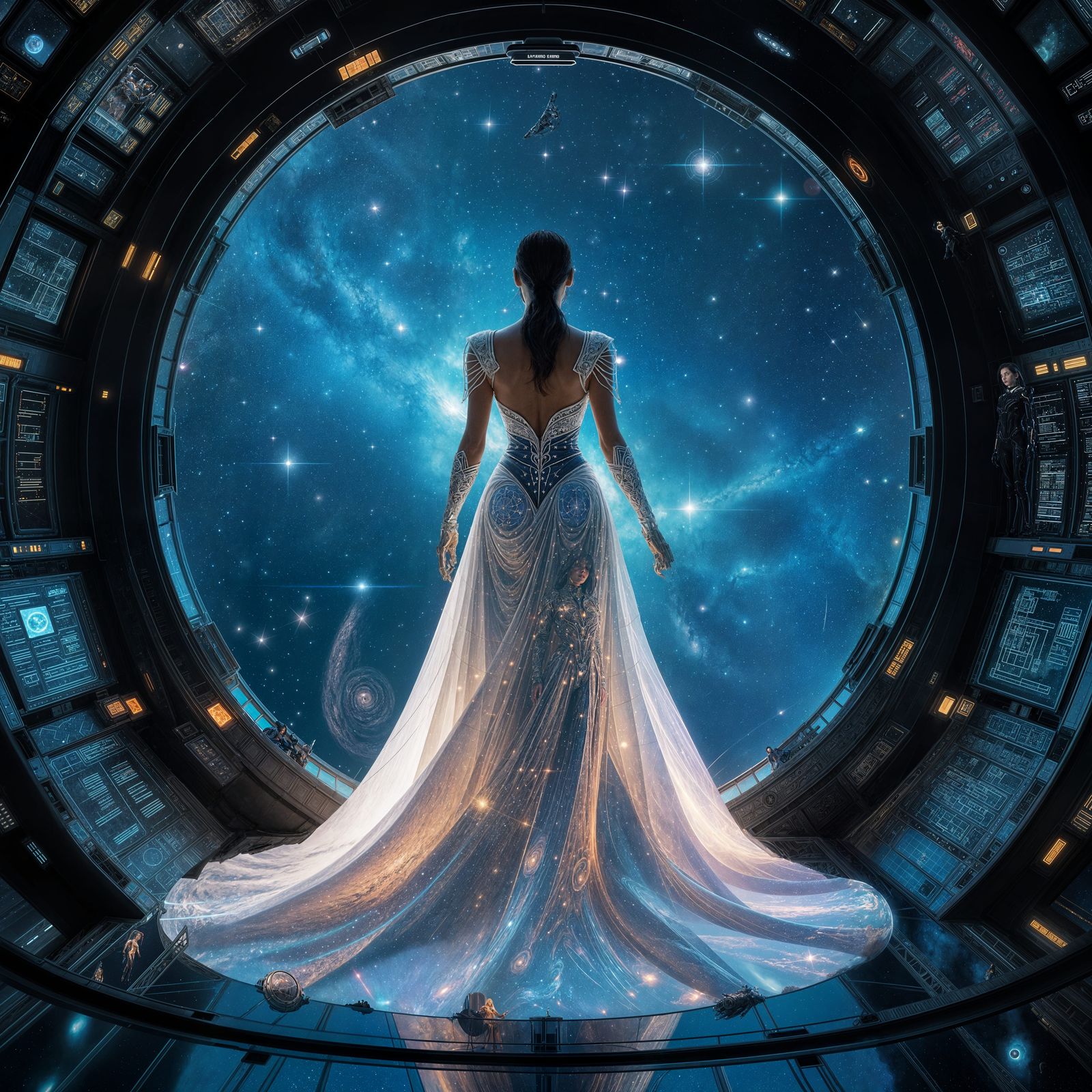 Celestial Cartographer in Floating Cyberpunk Observatory