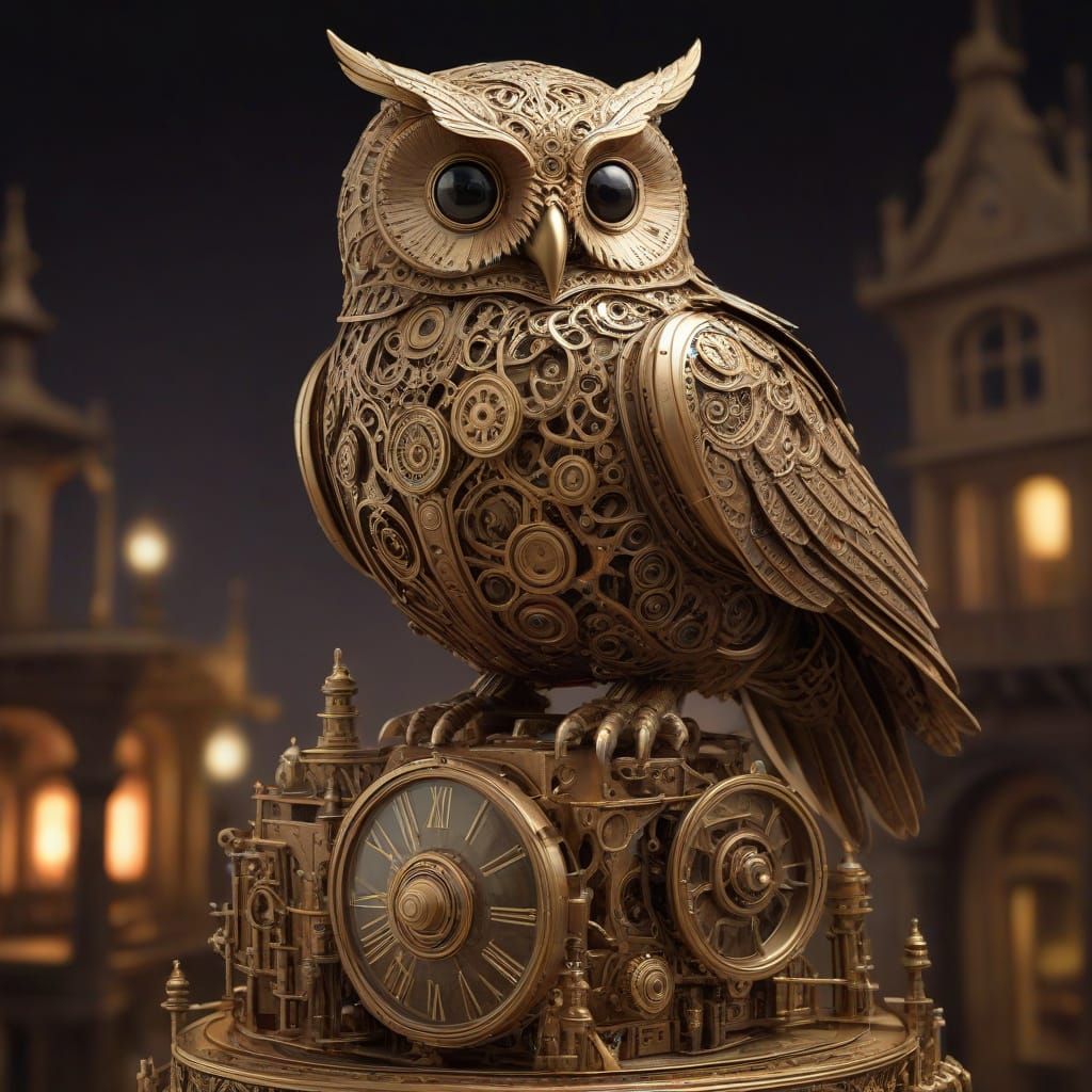 Clockwork Owl on Steampunk Automaton in Victorian City