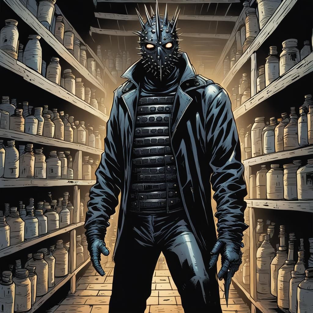 Masked Figure in Spiked Latex Outfit, Comic Book Art