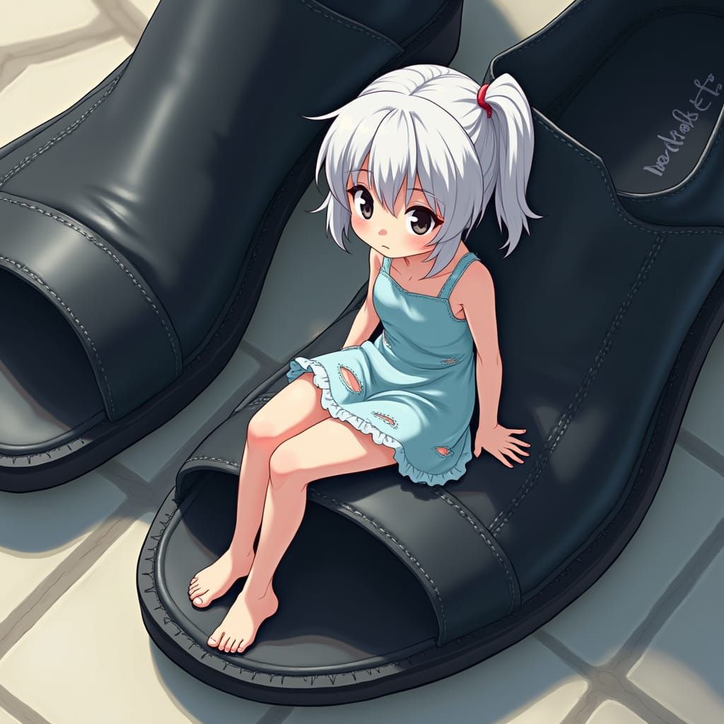 Adorable Anime Girl in Oversized Sandal