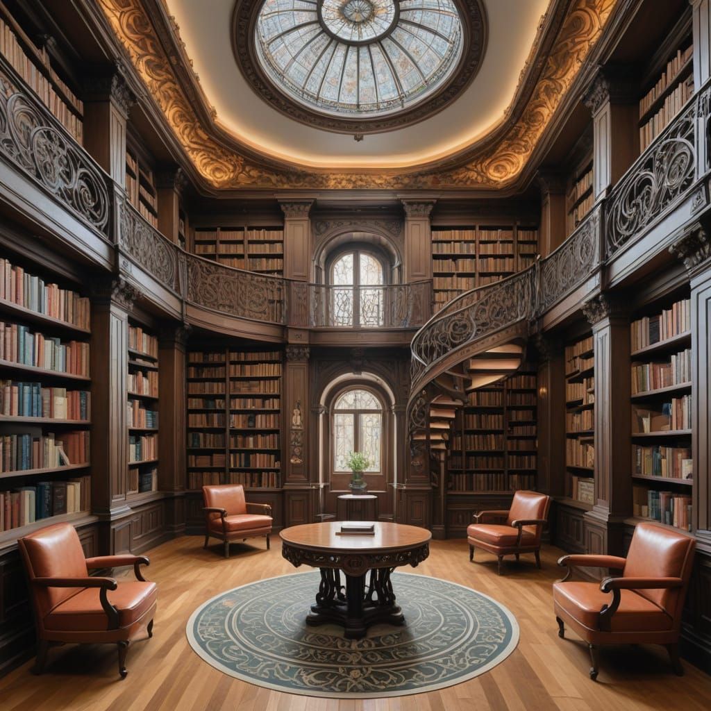 Surreal Art Nouveau Labyrinthine Library