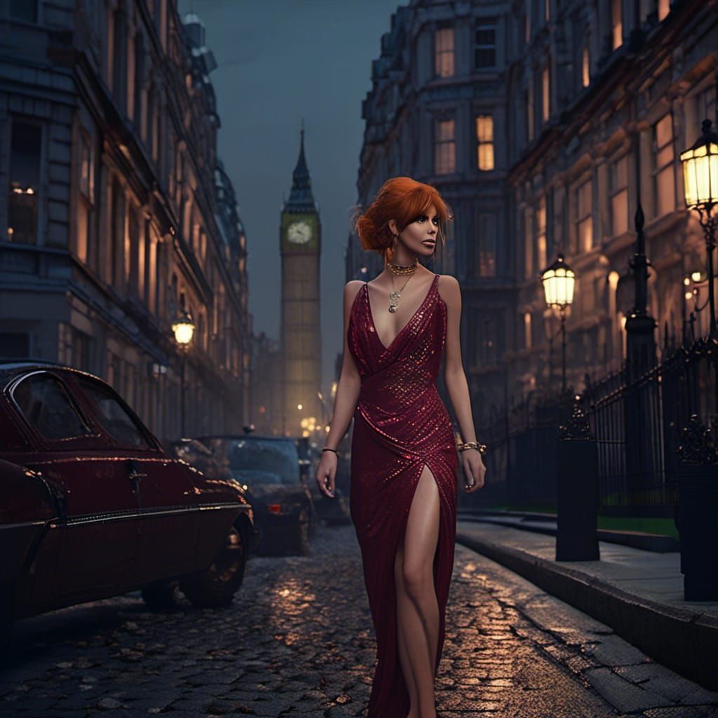 Glamour Model Walks London Night: Detailed Fantasy Art