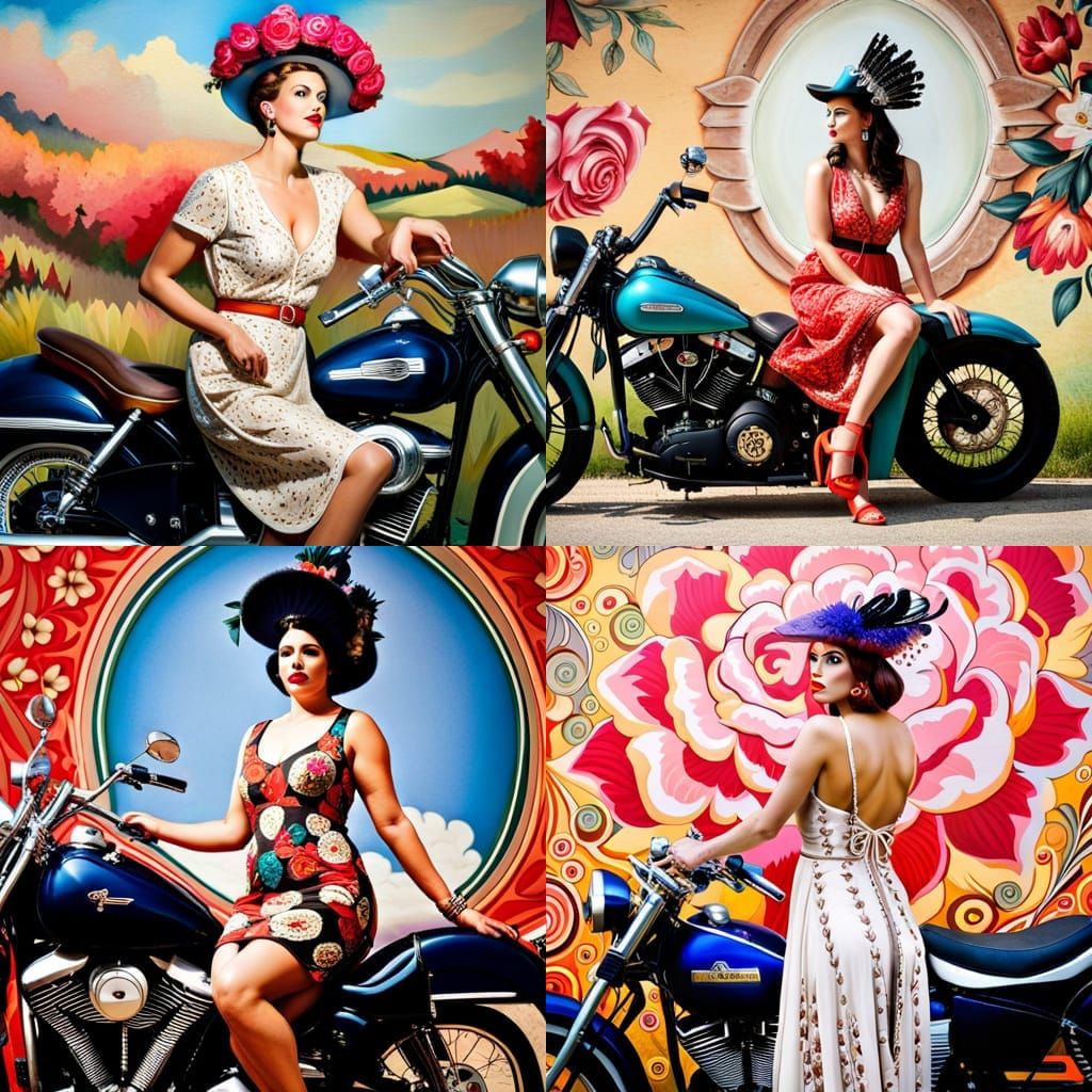 Woman on Motorcycle with Vintage Floral Style