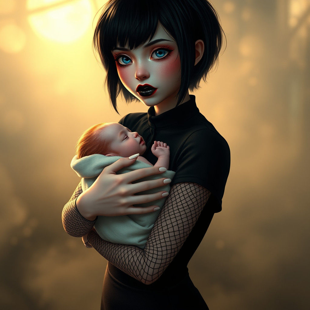 Gothic Woman with Baby in Dreamy Landscape