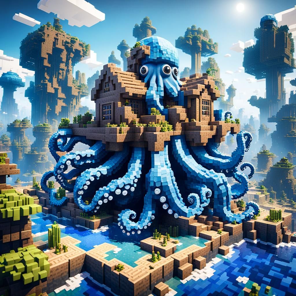 Blue Octopus Builds Minecraft Islands: 3D Game Art