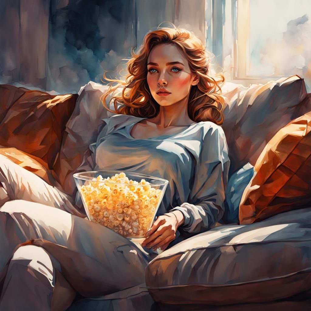 Woman on Couch in Digital Watercolor Illustration