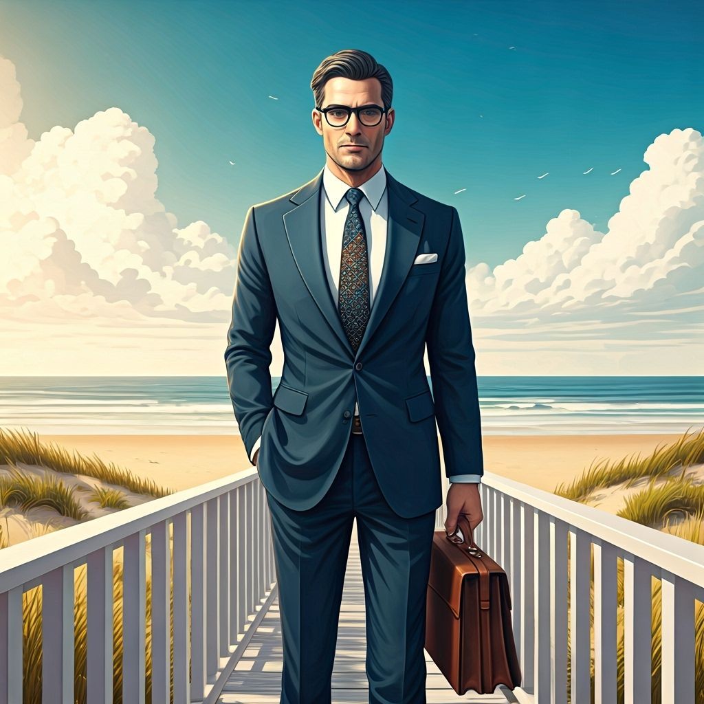 Formal Man with Briefcase on Beach Porch