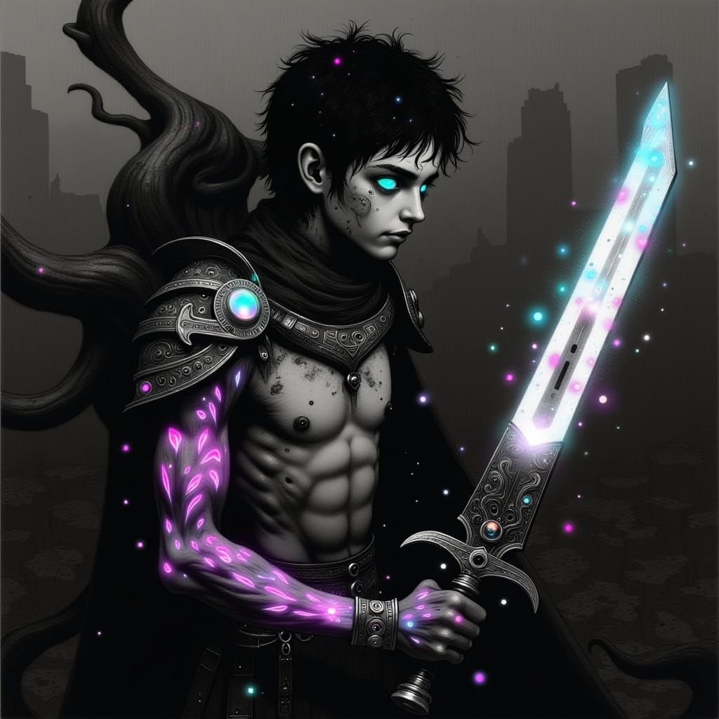 Mystical Dark Fantasy Warrior in Neon-Lit, Cyberpunk-Inspire...