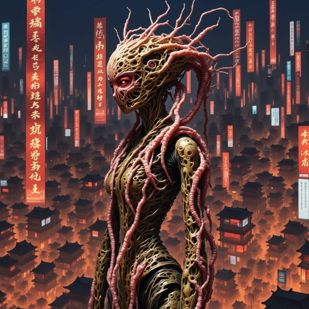 Cybernetic Horror Goddess in Ancient Japan Festival