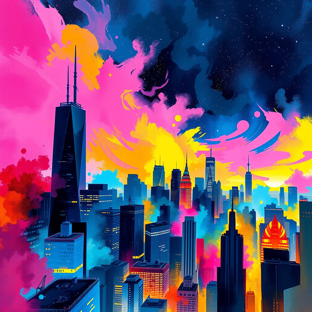 Futuristic New York Cityscape in Neon Watercolor