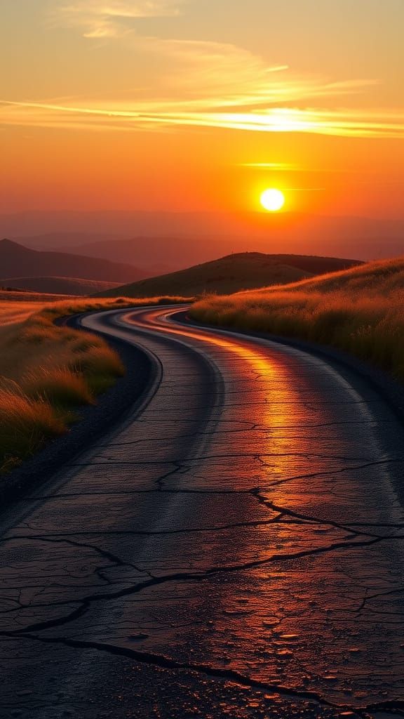 Surreal Landscape of a Serpentine Road at Sunset