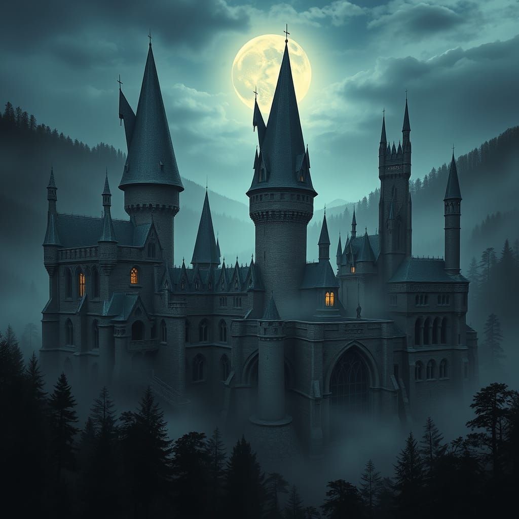 Mystical Gothic Castle in Moonlit Landscape