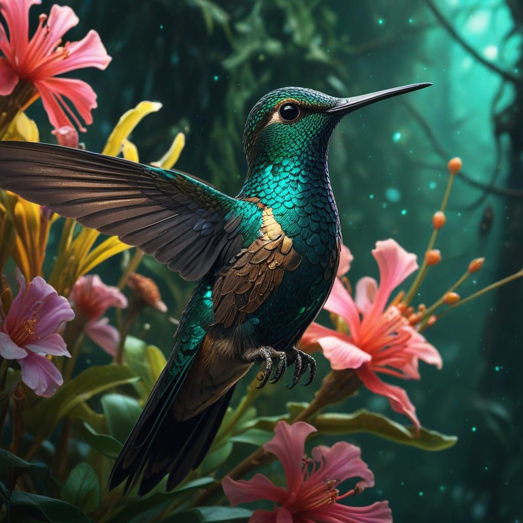 Clockwork Hummingbird Amidst Bioluminescent Flowers