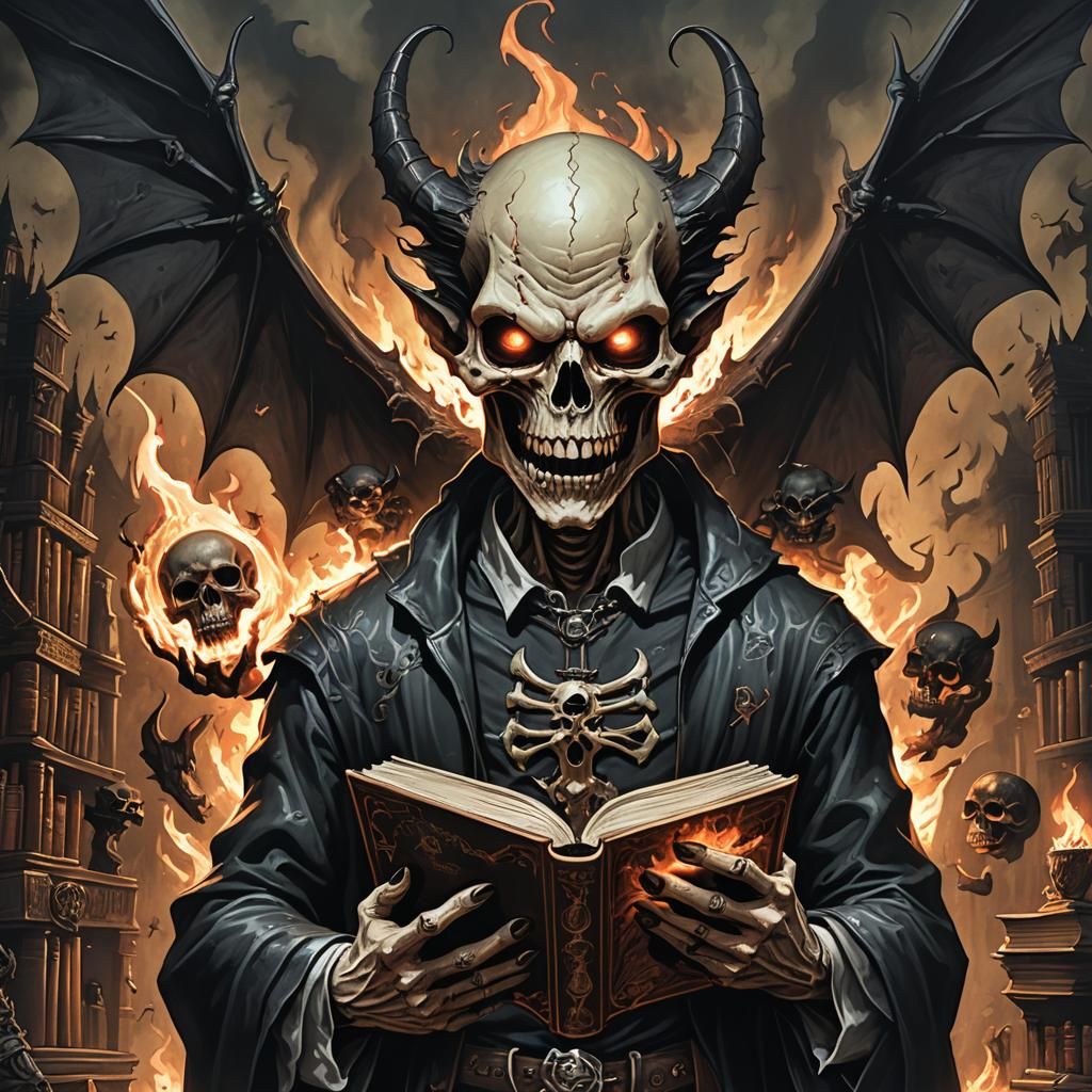 Demonic Figure Holding Skull Book in Dark Fantasy Style