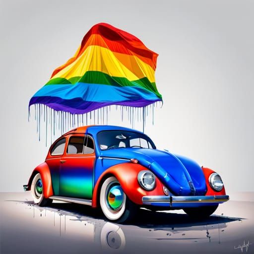 Rainbow Pride VW Beetle in Calligraphy Ink Painting