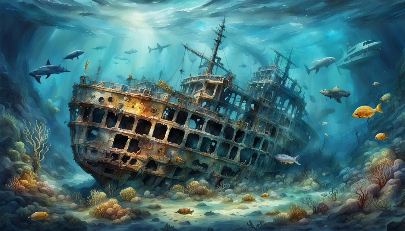 Sunken Shipwreck Teeming with Marine Life in Watercolor