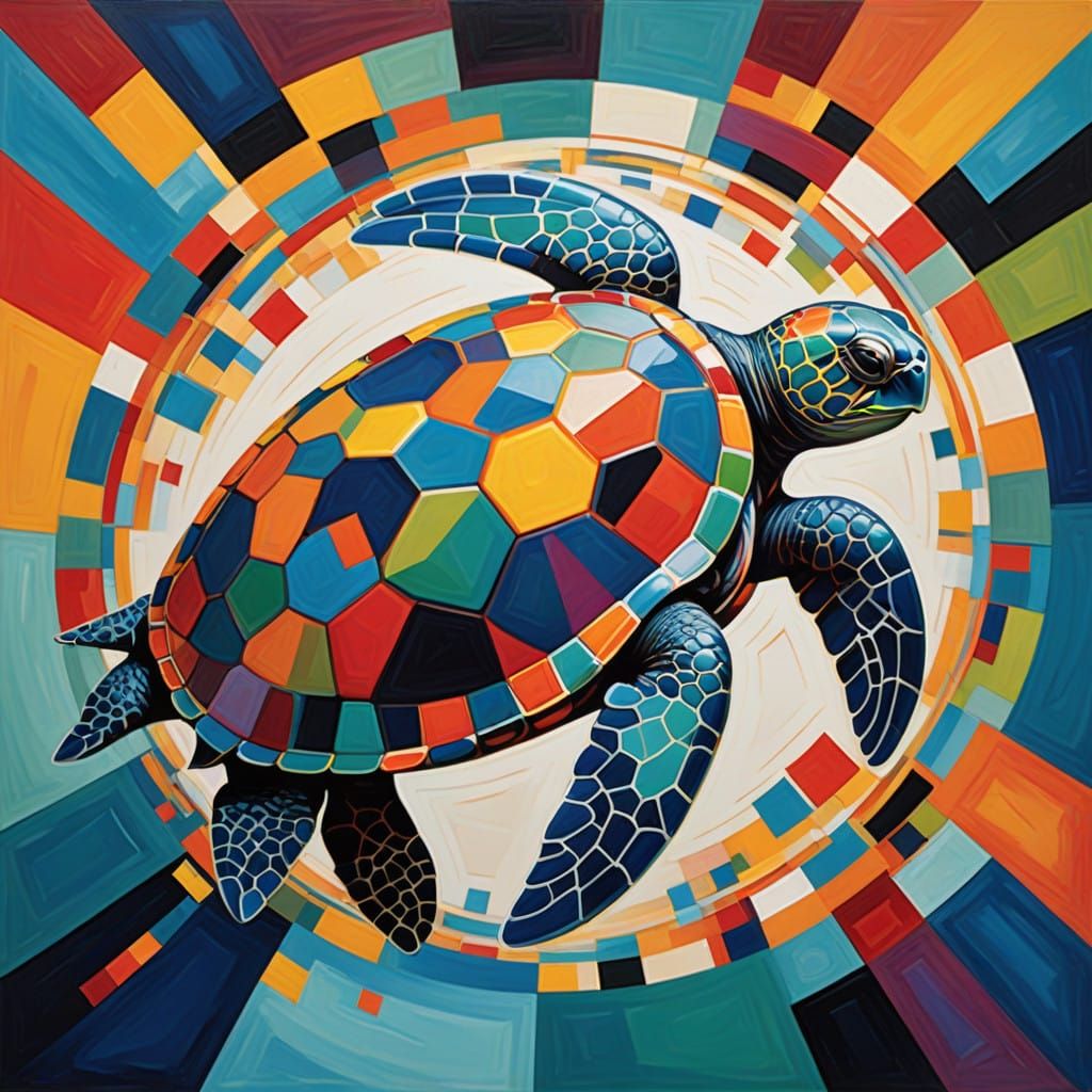 Surreal Turtle Soars Amidst Vibrant Geometric Forms