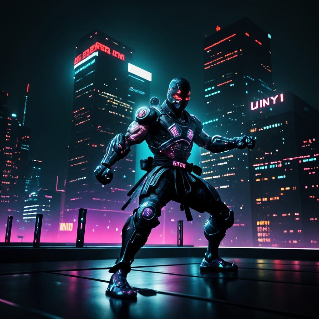 Cyborg Ninja on Neon City Rooftop in Cyberpunk Style