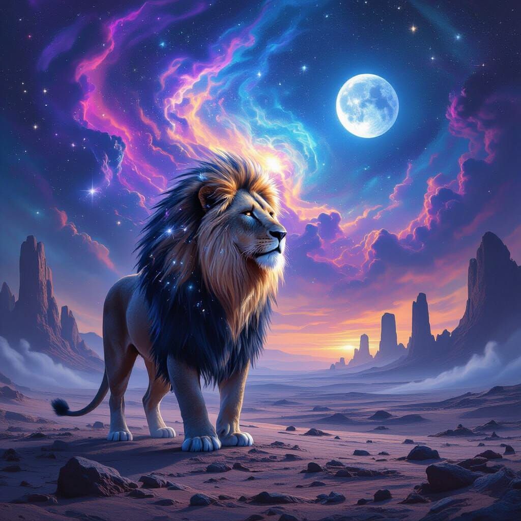 Starlight Lion on Alien Planet Amidst Nebula Sky