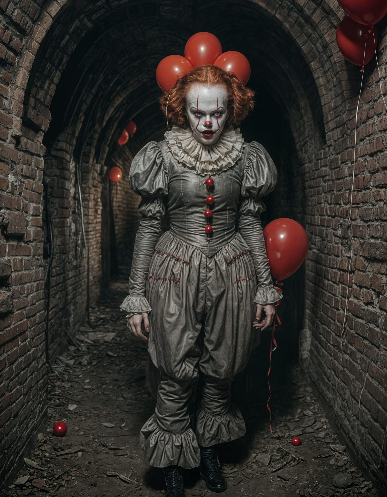 Skeletal Woman Clown with Red Balloons