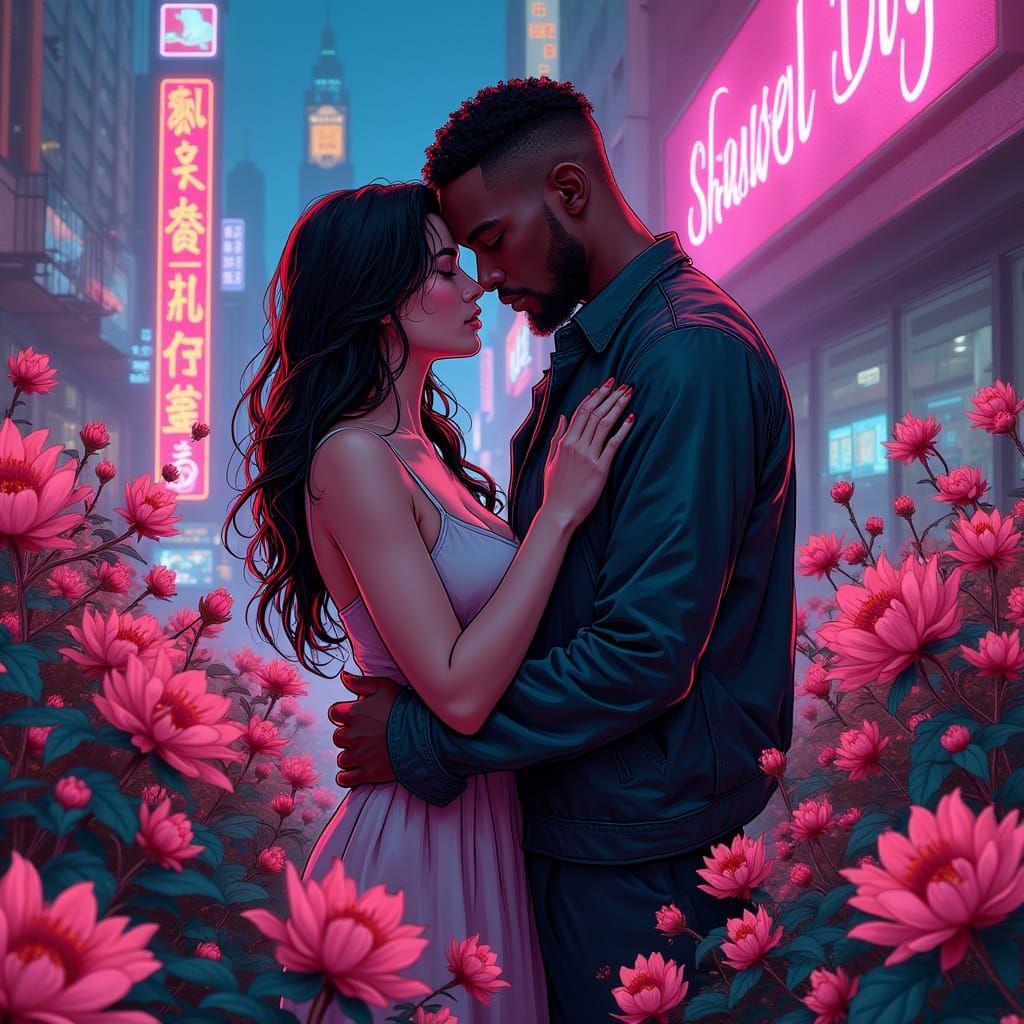 Cyberpunk Lovers Embrace in Neon Floral Cityscape