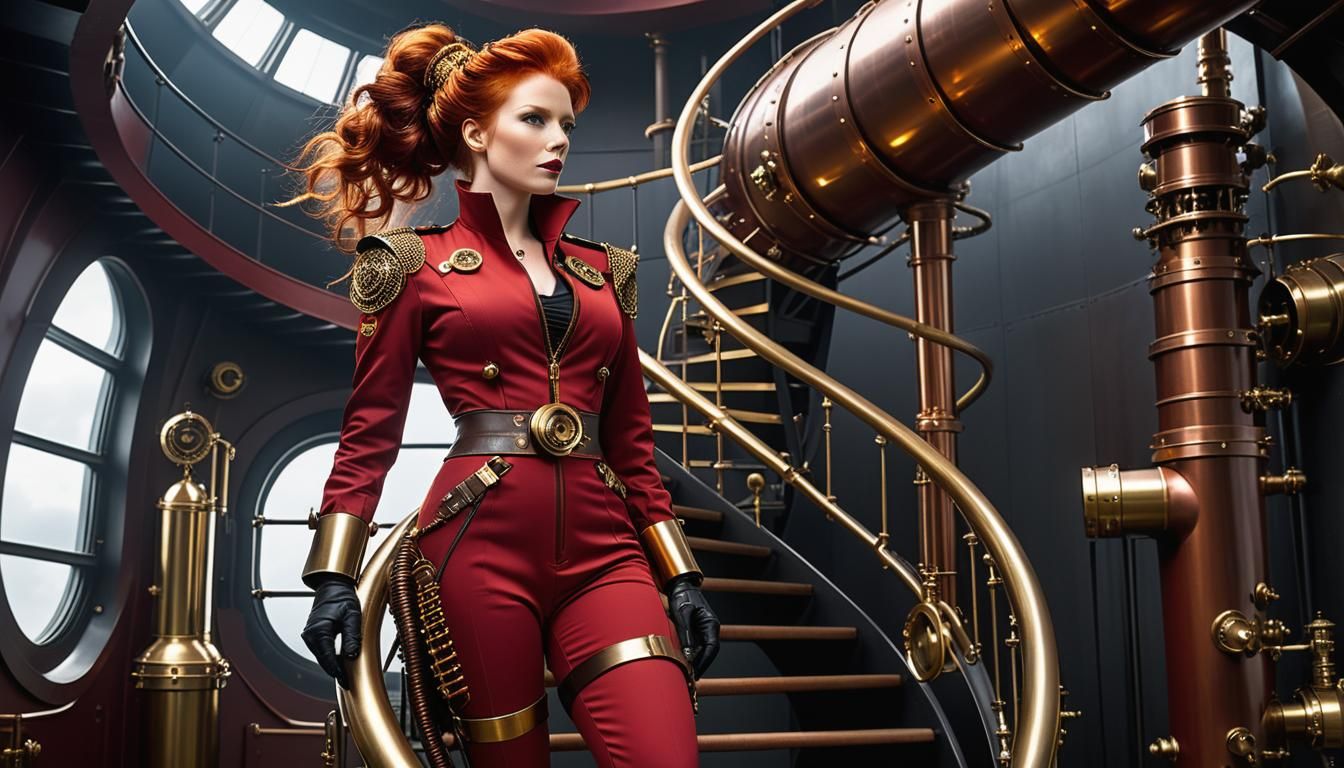 Steampunk Rocket: Redhead Pilot Ascends in Industrial Futuri...