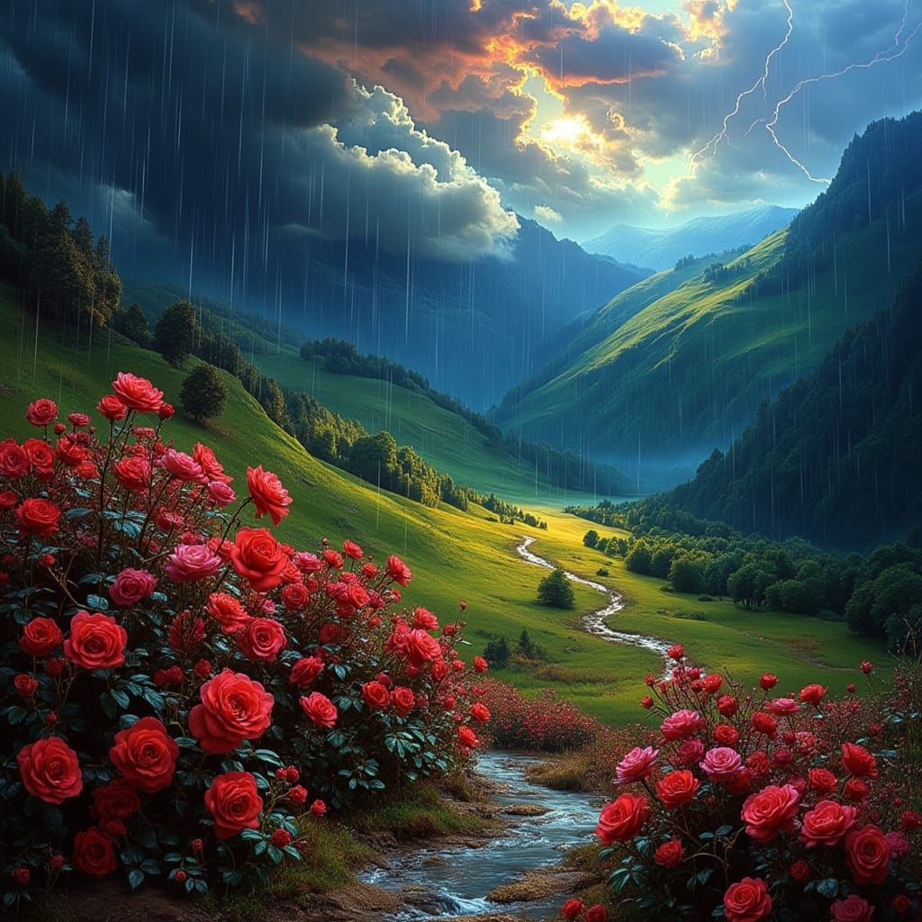Wild Roses Bloom Under Stormy Skies as Oil Painting
