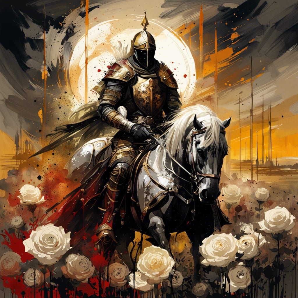 Gothic Knight Templar Rides Under Golden Sunlight
