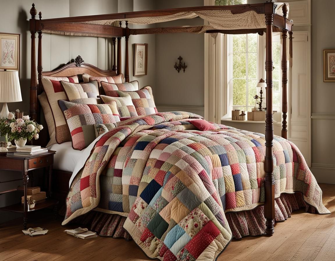 scattered quilted cushions on top of a quilt, victorian, bed
