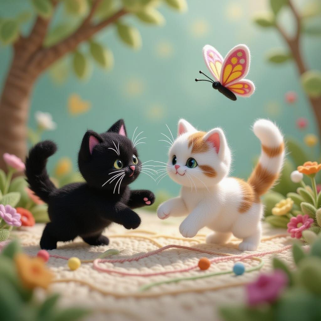 Cats Play in a Whimsical Yarn World with Butterfly
