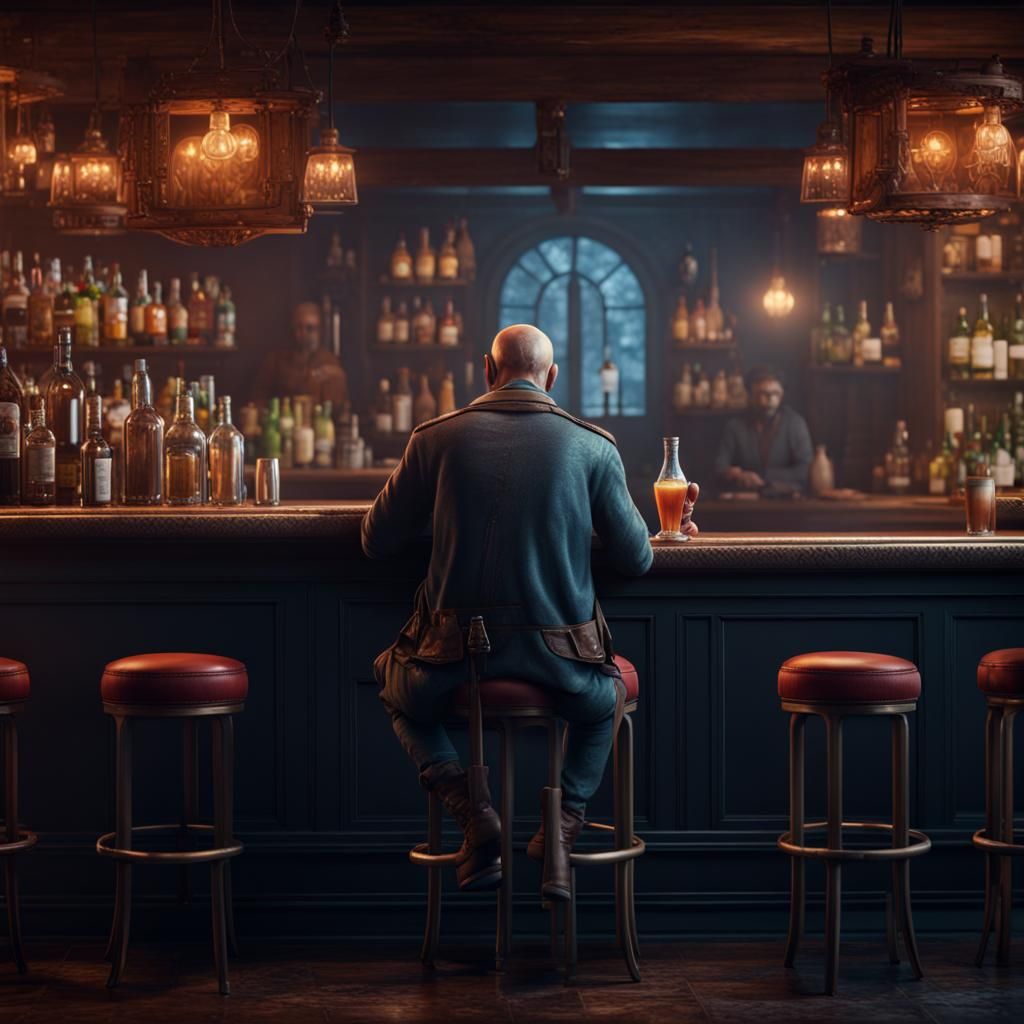 Sad Man at Bar: Detailed Matte Painting