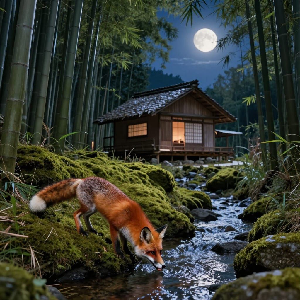 Twilight Bamboo Grove With Japanese Hut and Fox