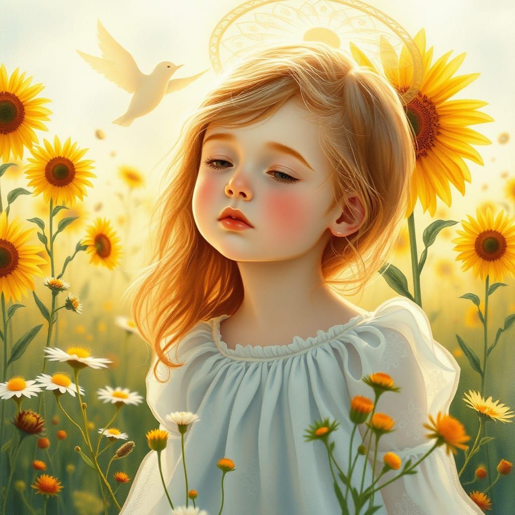 Whimsical Watercolor Portrait of a Young Girl in a Sunlit Me...