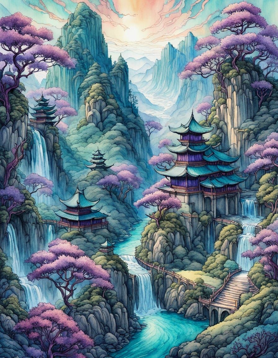 Watercolor Fantasy Valley with Cascading Waterfalls