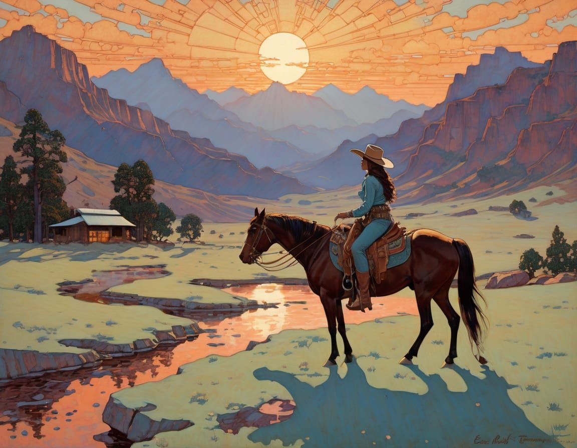 Cowgirl Riding Range at Sunset in Vibrant Landscape